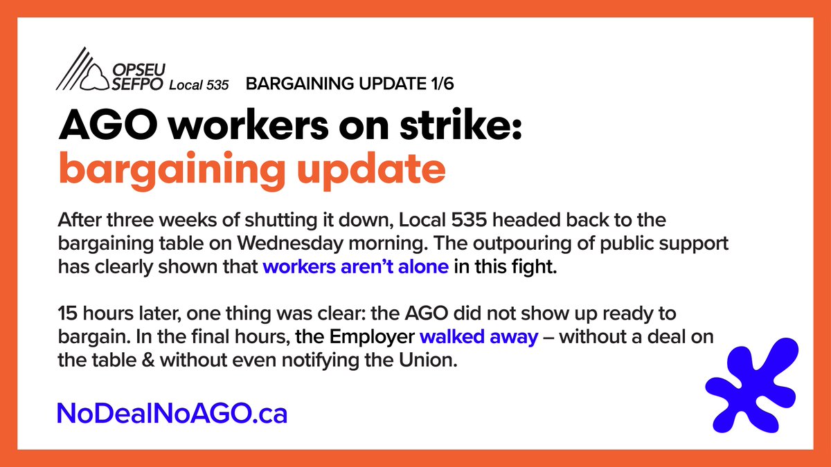 Local 535 - representing @agotoronto workers on strike - headed back to the table Wednesday morning, joined by @JPHornick. 15 hrs later, it was clear key decision makers were missing — and the AGO walked away from the table, without notifying the Union. An update thread 🧵⬇️