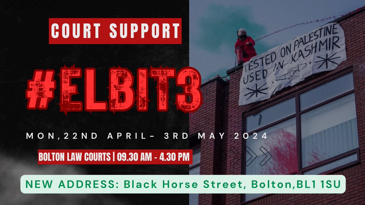 *Urgent Update* this trial has been moved at the last minute to Bolton Crown Court Blackhorse Street, Bolton BL1 1SU. If you can get to Bolton to show your support please gather outside the court at 9am on Monday (& every day of the trial). #ShutElbitDown #ElbitOutOfOldham