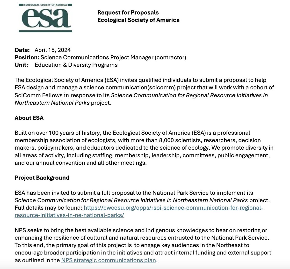 📢🌲URGENT RFP: Submit a proposal to help ESA design &amp; manage a #scicomm project! This 2-yr position is in response to the <a href="/NatlParkService/">National Park Service</a> "SciComm for Regional Resource Initiatives in Northeastern National Parks" project.

Learn more: esa.org/wp-content/upl…
Proposals due 4/26!