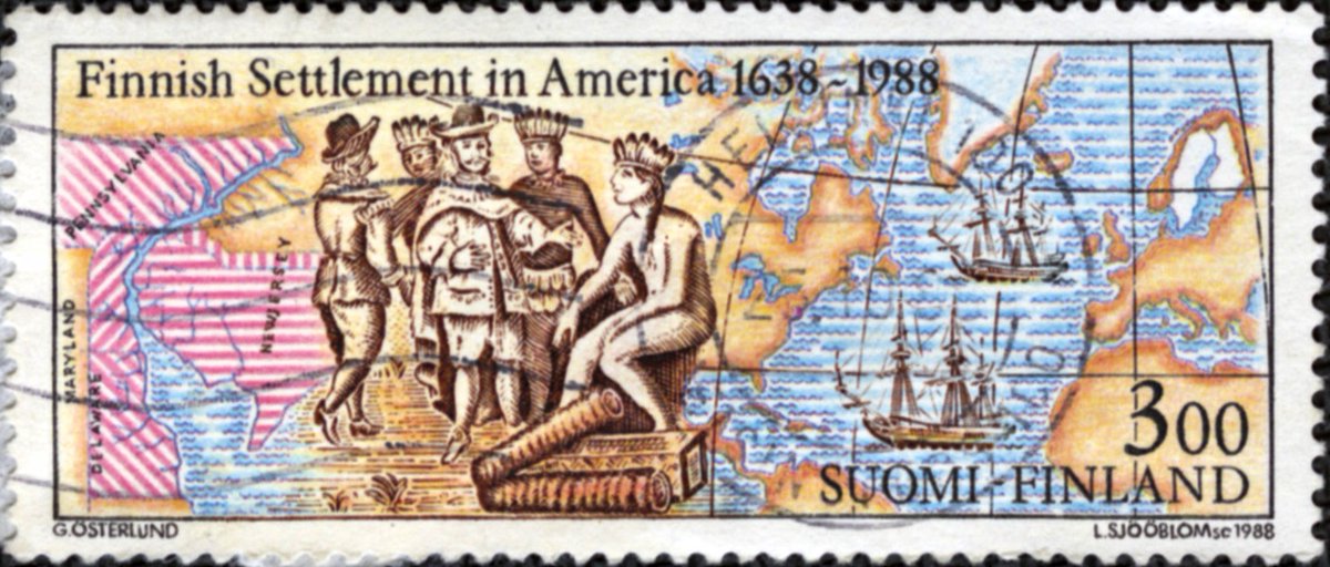 A stamp from Finland recognizing the Finnish settlements in the America’s. We never learned much about the Finns ins US history classes. #stamps #stampcollecting #stampart