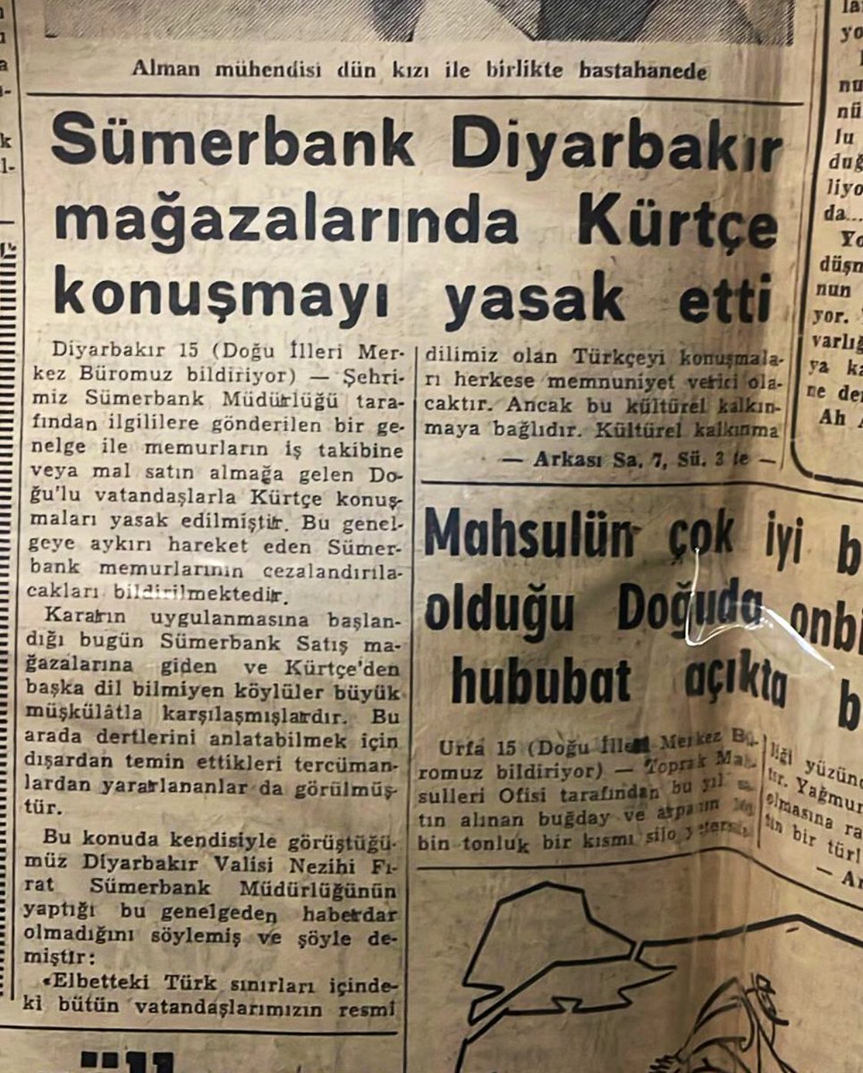 Sümerbank Diyarbakır mağazalarında Kürtçe konuşmayı yasak etti.

1962. Cumhuriyet Gazetesi