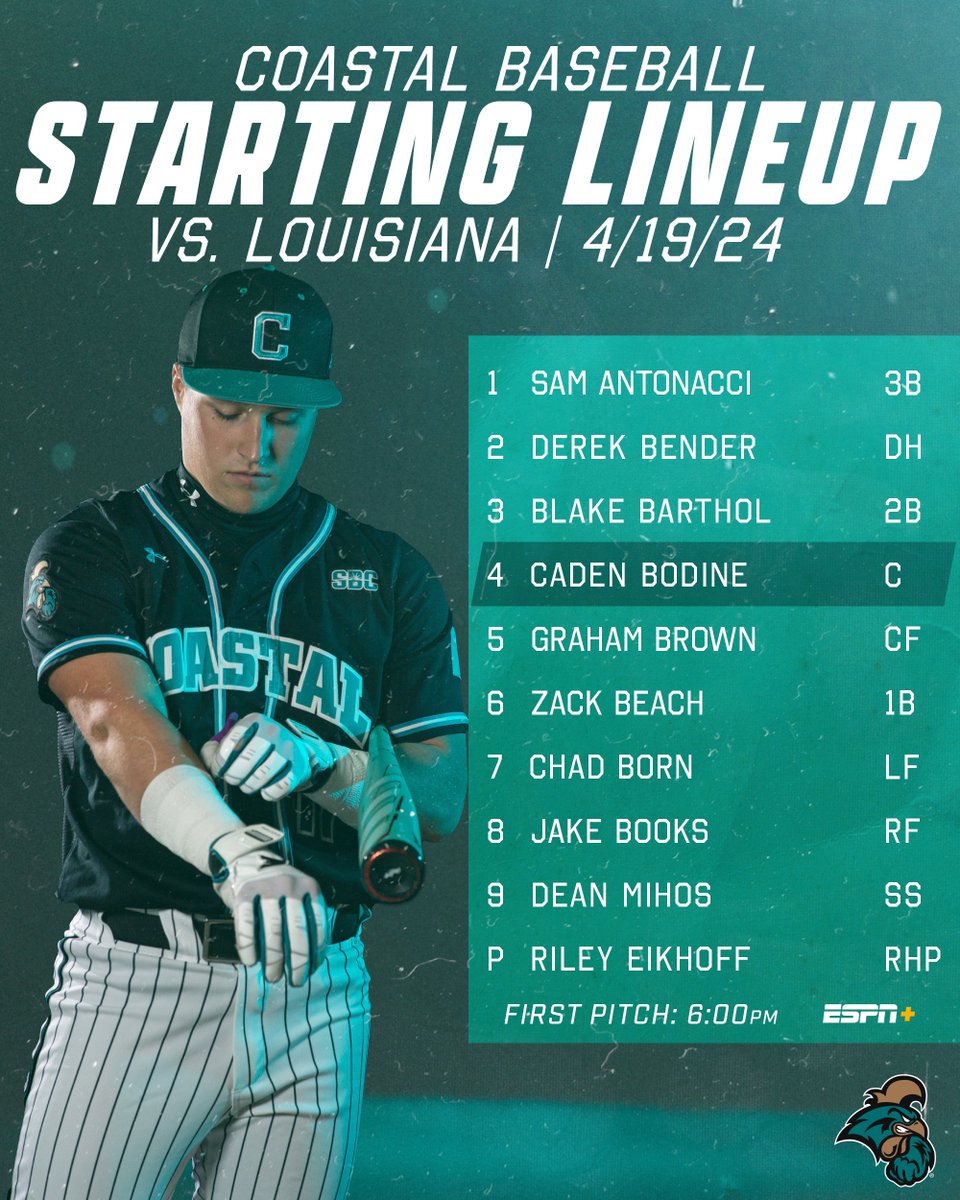 Here is your starting lineup for the series opener with the Ragin' Cajuns! 

#TEALNATION | #ChantsUp