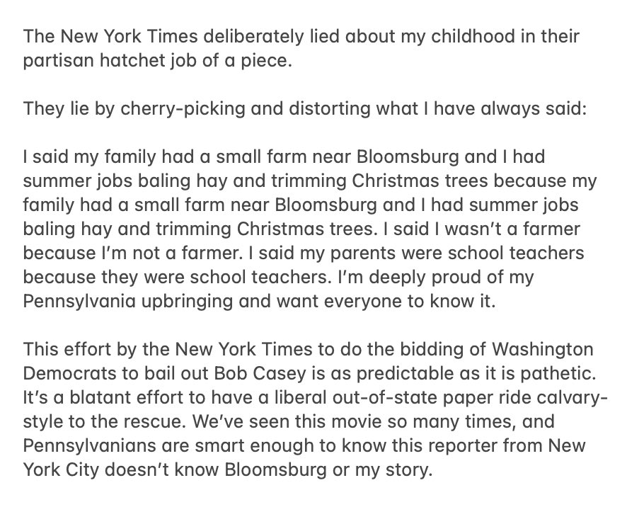 DaveMcCormickPA's tweet photo. The @nytimes deliberately lied about my childhood in their partisan hatchet job of a piece. 

My full statement: https://t.co/xwcrUYaGNG
