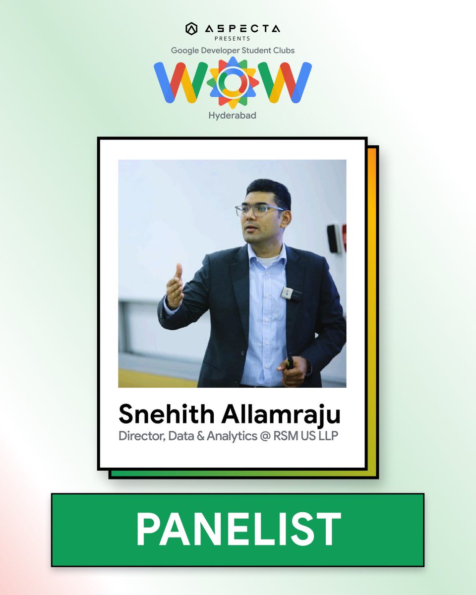 GDSC WoW Hyderabad (@gdsc_wow_hyd) on Twitter photo We're excited to welcome <a href="/watrutalkin/">Snehith Allamraju 😄</a>, our esteemed panelist, Director of Data & Analytics at RSM US LLP, and with over 16+ years of expertise in Business Intelligence and Analytics.
Join us to gain valuable insights from a seasoned leader in the field!
#data #analytics #Tech We're excited to welcome <a href="/watrutalkin/">Snehith Allamraju 😄</a>, our esteemed panelist, Director of Data & Analytics at RSM US LLP, and with over 16+ years of expertise in Business Intelligence and Analytics.
Join us to gain valuable insights from a seasoned leader in the field!
#data #analytics #Tech