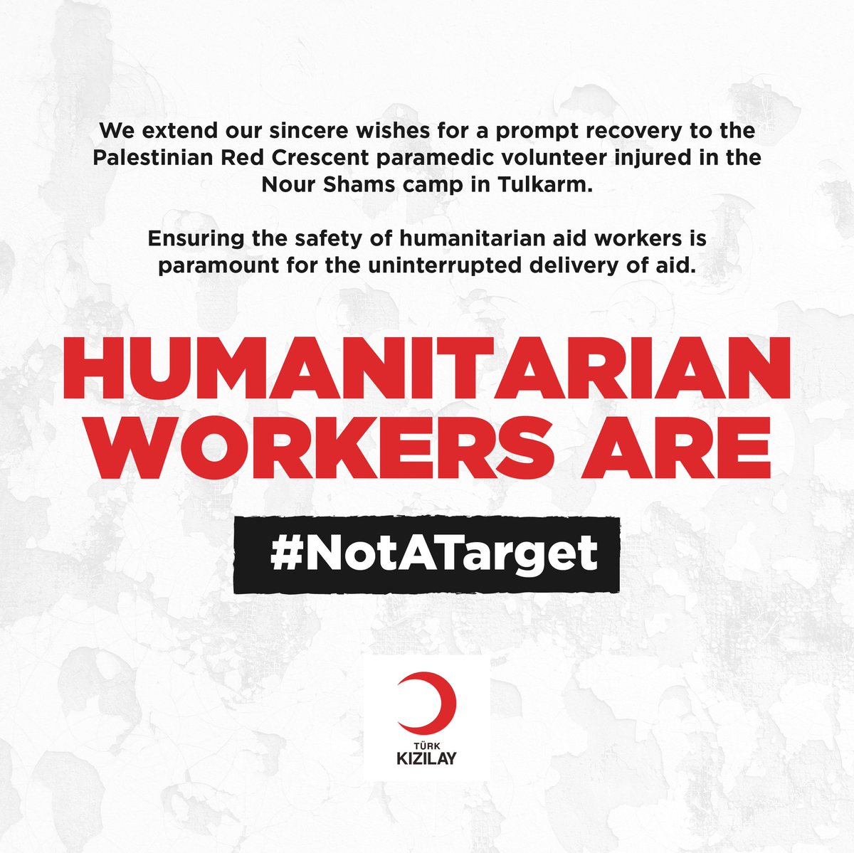 We extend our sincere wishes for a prompt recovery to the @PalestineRCS paramedic volunteer injured in the Nour Shams camp in Tulkarm. Ensuring the safety of humanitarian aid workers is paramount for the uninterrupted delivery of aid. Humanitarian workers are #NotATarget! ❌