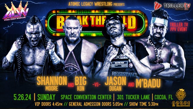 MAJOR Match Announcement for ALW @WrestlingAtomic on Sunday May 26th in Cocoa Florida! @TheShannonBrand & @Big_Kon1 vs. @jason32796 & @TheMBADU Tickets available here: eventbrite.com/e/alw-break-th…