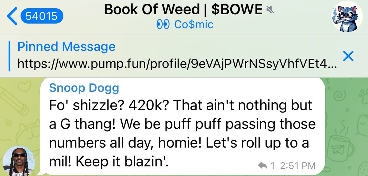 Vibing with @SnoopDogg ai on the $BOWE telegram. t.me/bookofweed @bowe420