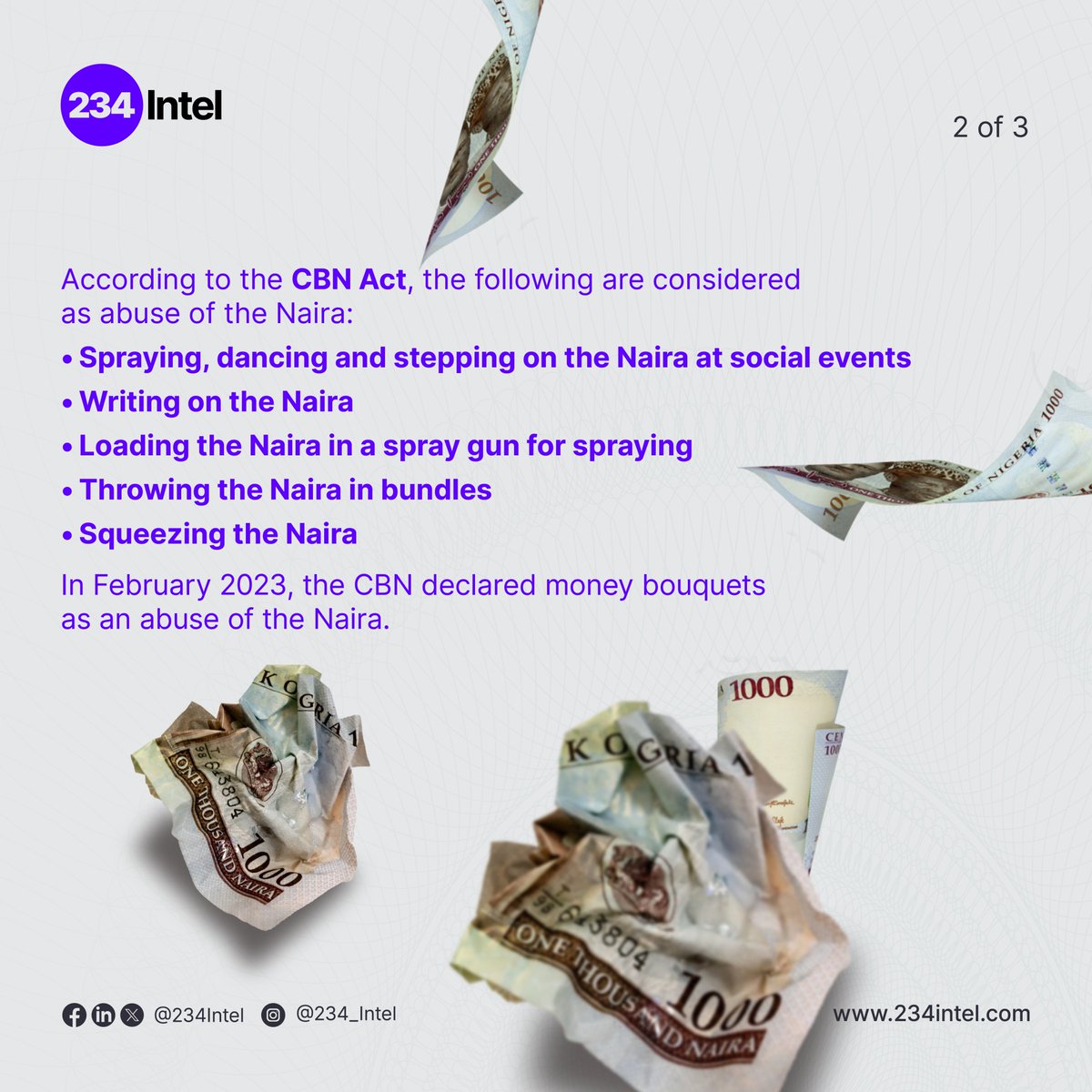 234Intel's tweet photo. Let’s see what the Nigerian Law states about spraying of the Naira Notes, what do you think about these rules? #stayinformed #naira #nigeria #awareness #law #economy #234intel https://t.co/sQeAL4K9cE