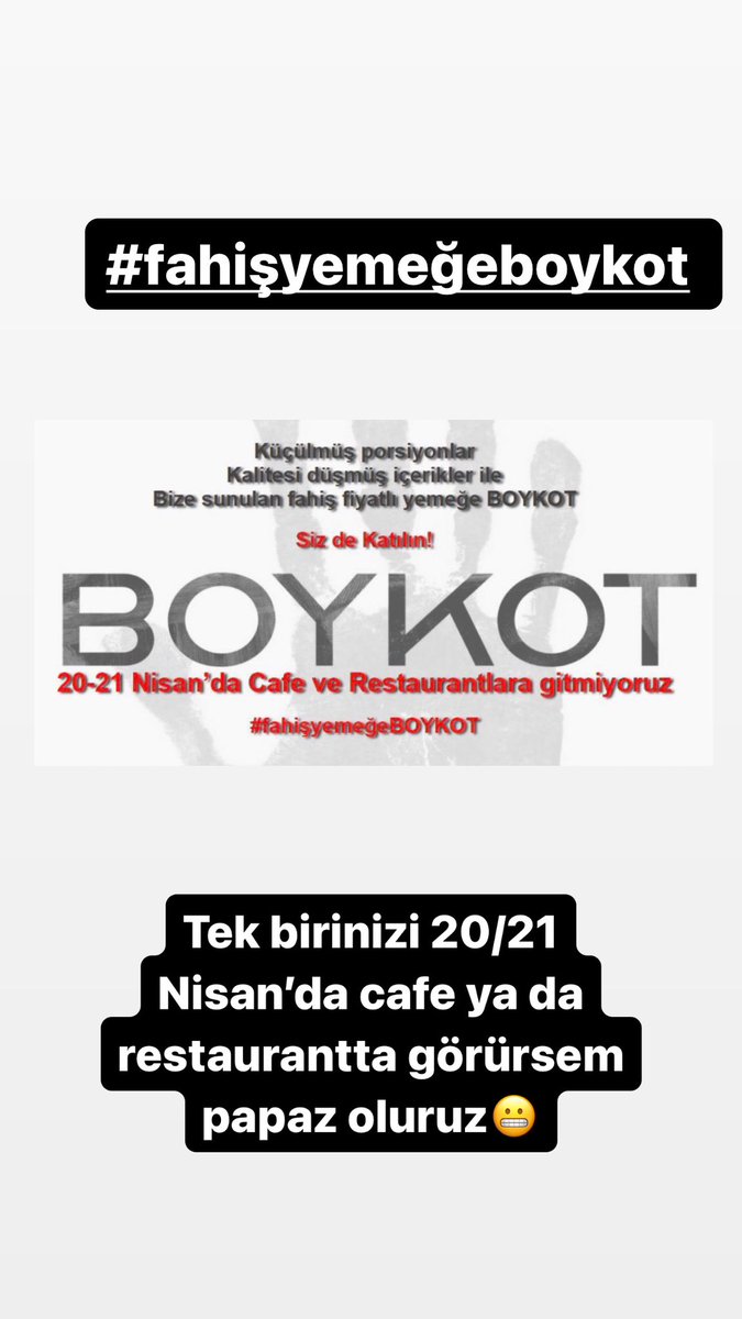 Yarın yani Cumartesi ve Pazar günü restaurant ve cafelere gitmiyoruz değil mi? #boykot kararımızı şu yaptırıyor, bu yaptırıyor diyenlere yani fitne sokanlara aldırış etmeden fahiş fiyatlarla bizleri keklemeye çalışanlara tepkimizi gösteriyoruz değil mi? Unutmayalım… Bu…