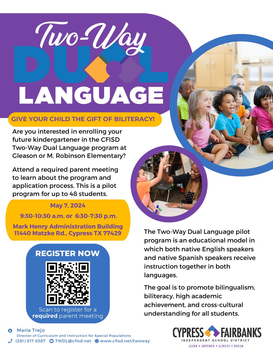 Give your child the gift of biliteracy! Are you interested in enrolling your future kindergartner in the CFISD Two-Way Dual Language pilot program? cfisd.net/twoway Join us for a required parent informational meeting on May 7: docs.google.com/forms/d/e/1FAI…. #CFISDspirit