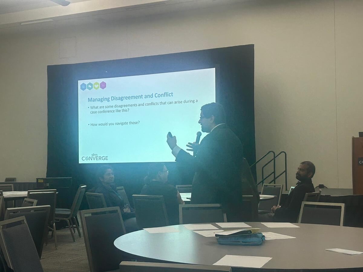 HMU’s Dr. Hemal Sampat (@SampatMD) and colleagues Dr. Benjamin Levi and Dr. Michael Freeman from @PennStHershey Children's Hospital present their workshop “Talking About Painful Cases: Addressing the Burn AND the Burnout” at #SHMConverge24.