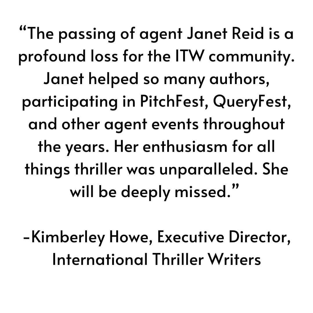 thrillerwriters's tweet photo. We are saddened to learn of the passing of @Janet_Reid, a beloved member of our community. Our Excutive Director @KJHoweAuthor shared these words, "The passing of agent Janet Reid is a profound loss for the ITW community.…(1/2) https://t.co/KhJexBnlKq