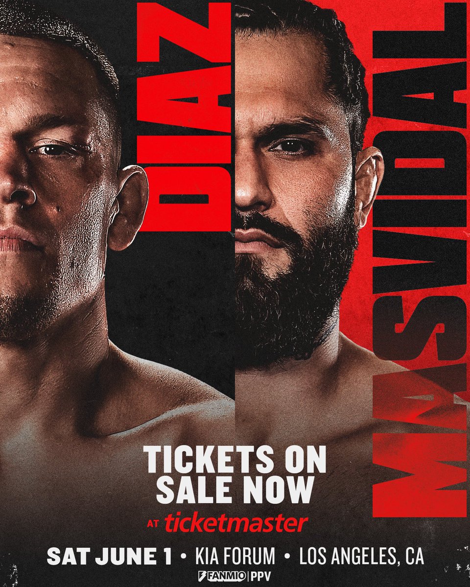 🚨 THE TIME HAS COME 🚨 #DiazMasvidal goes down on June 1st at the @thekiaforum, and you can be there up close and personal💥🥊 Get your tickets NOW at Fanmio.com/tickets #NateDiaz #JorgeMasvidal #LA #Forum #Boxing #Fight