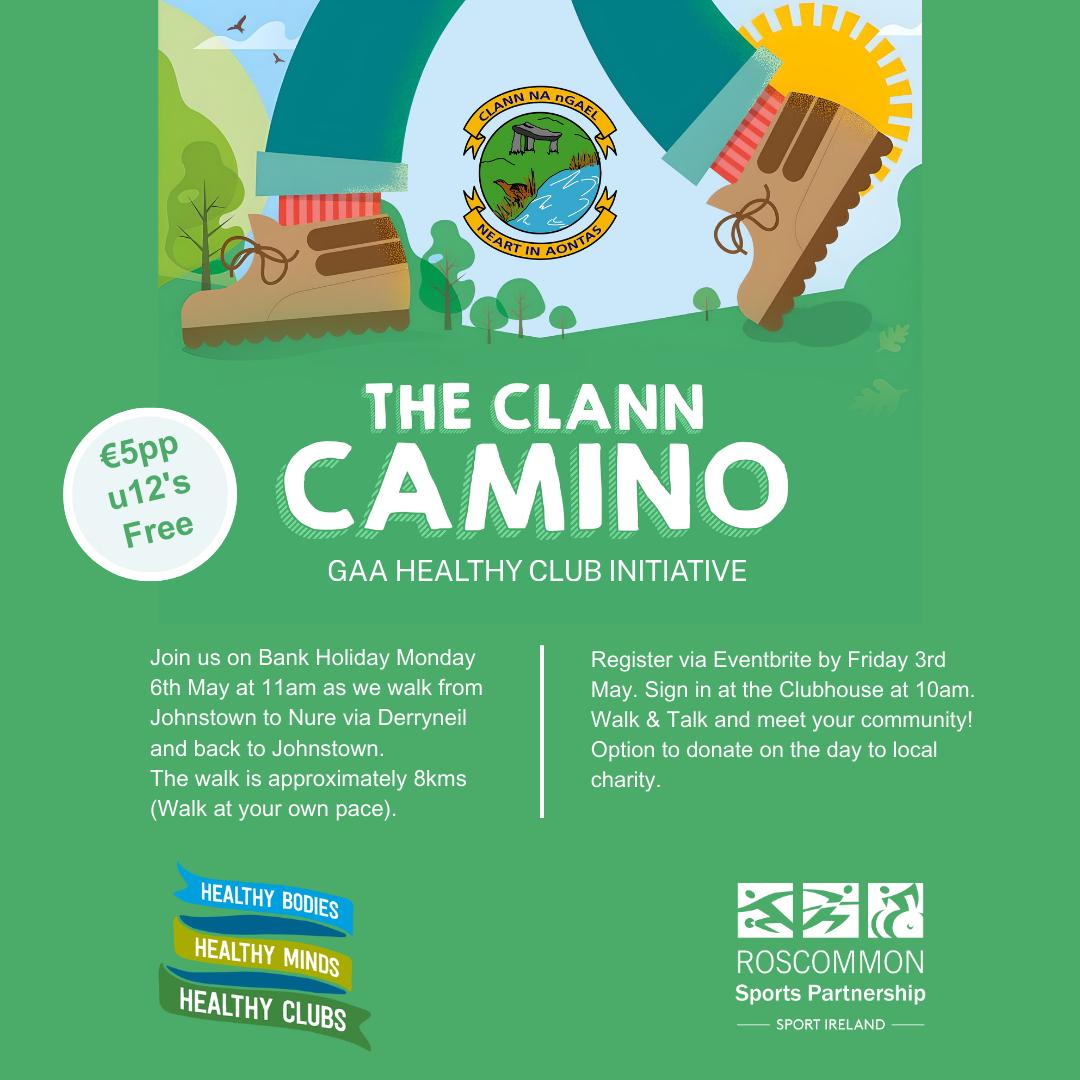 Join us on Bank Holiday Monday 6th May for the Clann Camino! The Camino will walk approx 8km from Johnstown to Nure and back as a GAA Healthy Club Initiative and raise funds for local charities. All welcome! Register here: eventbrite.ie/e/the-clann-ca…