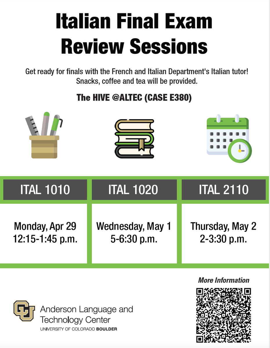 CUBoulderALTEC's tweet photo. Join us at The HIVE @ ALTEC (CASE E380) to review and prepare for your Italian final exam! Work on your study guide, practice with your peers, and get answers to your questions from the French and Italian Department's Italian tutor. Snacks, coffee and tea will be provided. https://t.co/PLMY5Zdn8v