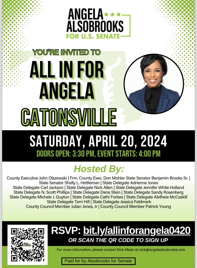 Join us tomorrow in Catonsville for All in for @AlsobrooksForMD! You can RSVP and get the full address at this link below 👇 mobilize.us/angelaalsobroo…