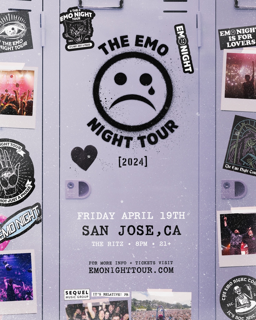 😢 THE EMO NIGHT TOUR 😢 Tonight! Returning to San Jose on April 19th! MakeDamnSure to Tell All Your Friends and Sugar, Come Down!⁠ Friday // 04.19.24 // 8PM // 21+⁠ 🎫 l8r.it/3Ki5 🎫⁠ ⁠ 🏷️ #theemonighttour #emonighttour #emonight #emo #theritzsj
