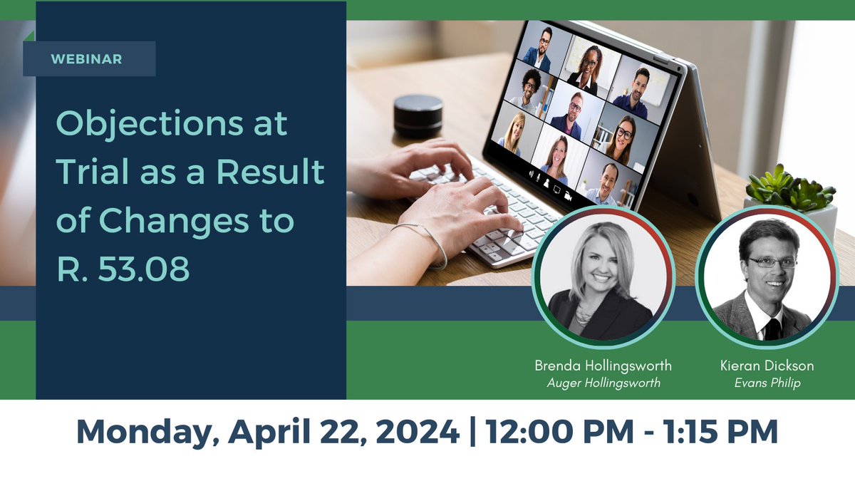 Join Brenda Hollingsworth, Auger Hollingsworth and Kieran Dickson, Evans Philip on Monday, April 22 at noon for a webinar focused on Objections at Trial as a Result of Changes to R. 53.08. OTLA members can register here - otla.com/?pg=events&evA…