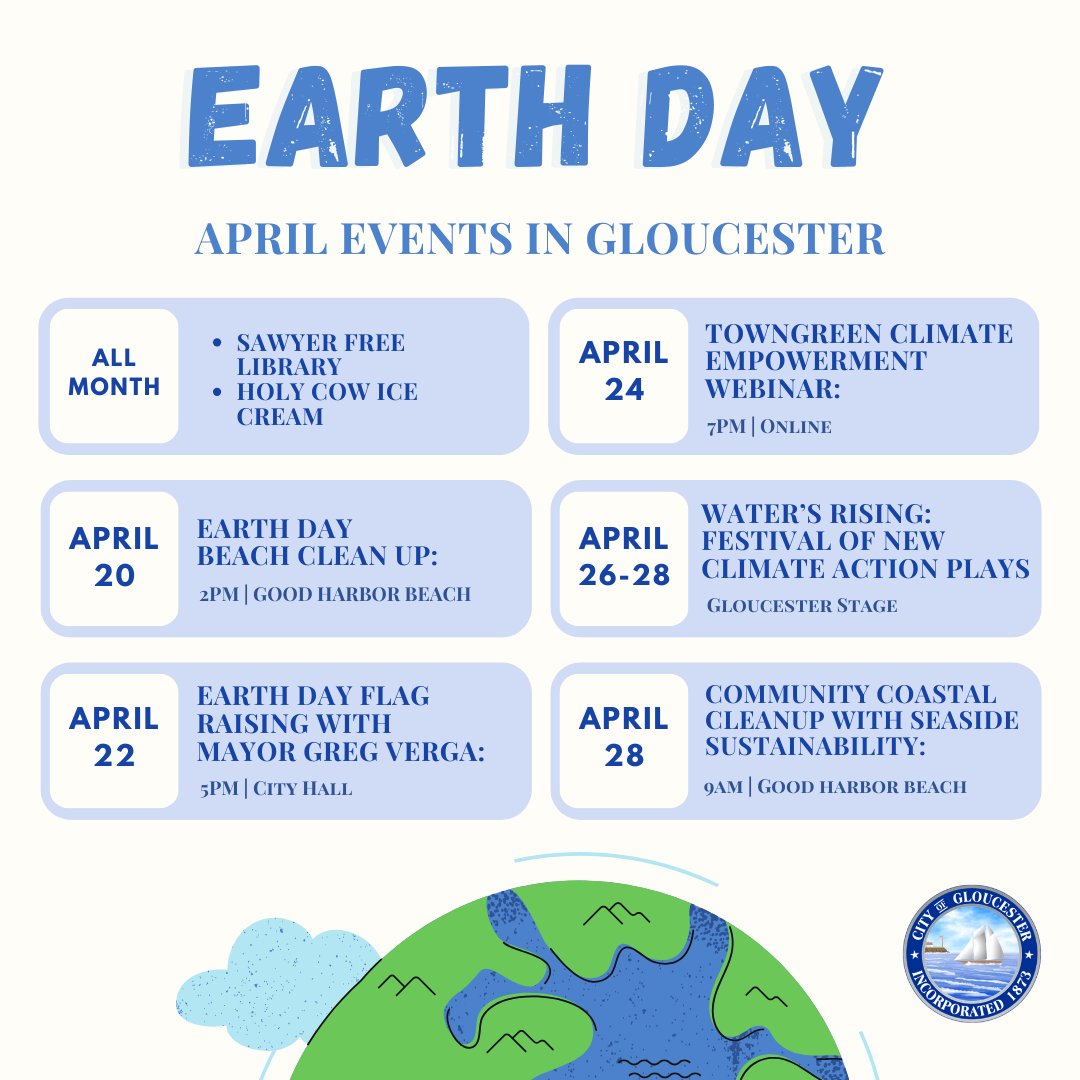 Celebrate Earth Day by getting involved and participating in one of Gloucester’s many upcoming events! Join in working towards a greener and cleaner community!

#InnovateGloucester #EarthDay #BeachCleanUp #climateaction #Sustainability #gloucesterma #capeann