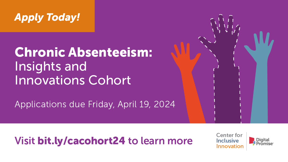 🚨 Reminder: Applications for our Chronic Absenteeism Cohort are due TODAY 4/19

Don't let this opportunity slip away! Your district will receive invaluable support in unlocking solutions to this complex crisis through #InclusiveInnovation. Apply now: bit.ly/cacohort24