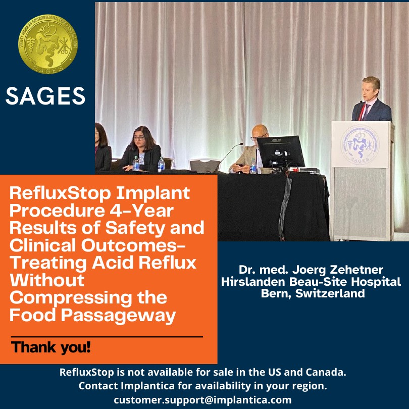 We're so grateful for the independent surgeons who choose to gather and report RefluxStop® data. Thank you Dr. med. Joerg Zehetner @joergzehetner for presenting 4-year real-world results on clinical outcomes and safety at #SAGES2024 
#SustainableSAGES
@SAGES_Updates
