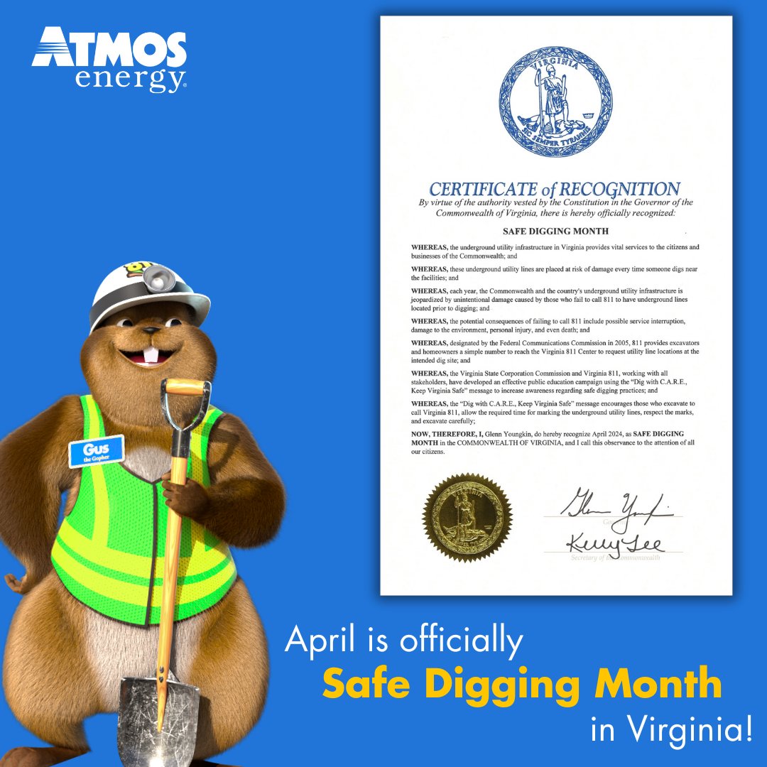 Shout out to Virginia Gov. Glenn Youngkin for proclaiming April as Safe Digging Month throughout the state! We appreciate your daily support of safety on behalf of Virginians. 💙 @va_811