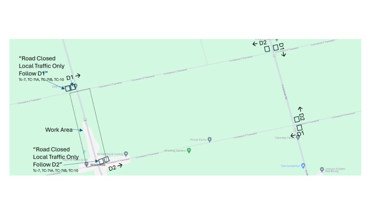 ROAD WORK: Old Highway 24 : Concession 2 to Concession 3, Townsend. April 22, 2024 for two weeks. 7 a.m to 7 p.m. Local access only. Detours set up using Cockshutt Rd.