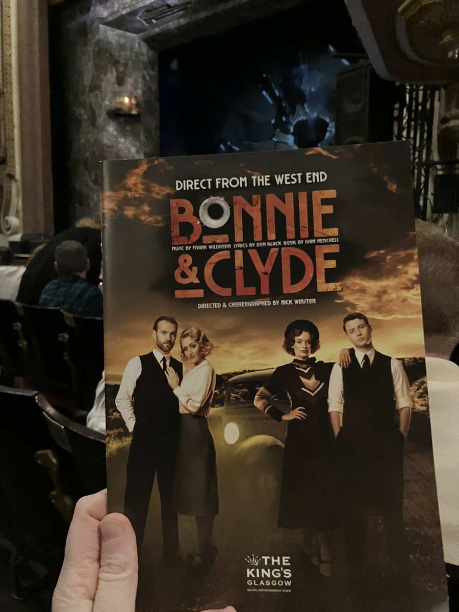 Stretching out my holiday with a last-minute theatre trip. Missed this both times it played in London so glad to be experiencing it! Strong cast and the score kind of slaps. Thanks Glasgow! #IntervalTweets #BonnieAndClyde