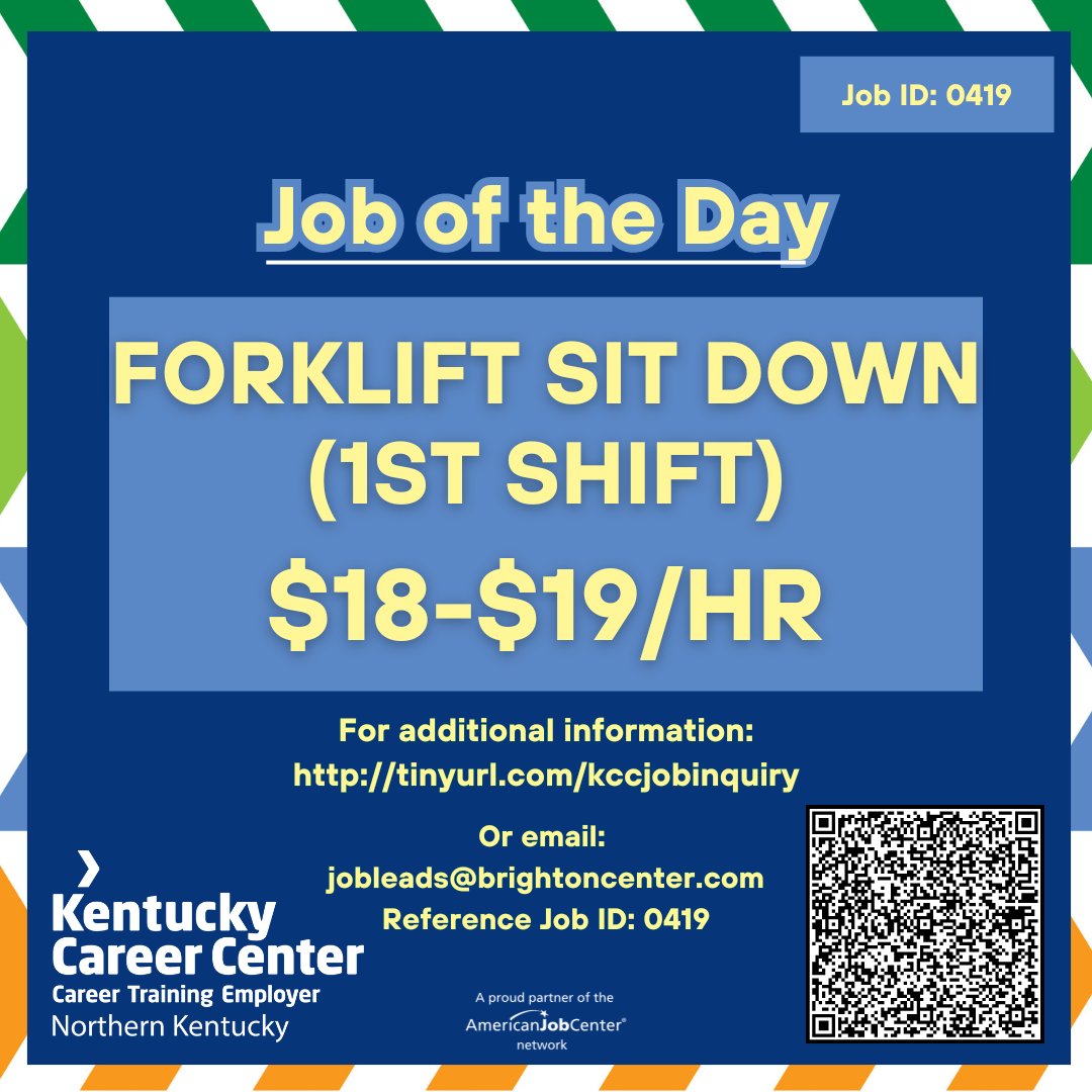Job of the Day:  Forklift Sit Down (1st Shift)
📍 Hebron, KY
For more information, click the link below or scan the QR code. 
Reference the Job ID: 0419
👉tinyurl.com/kccjobinquiry 

#joboftheday #kentuckycareercenter #nkyjobs