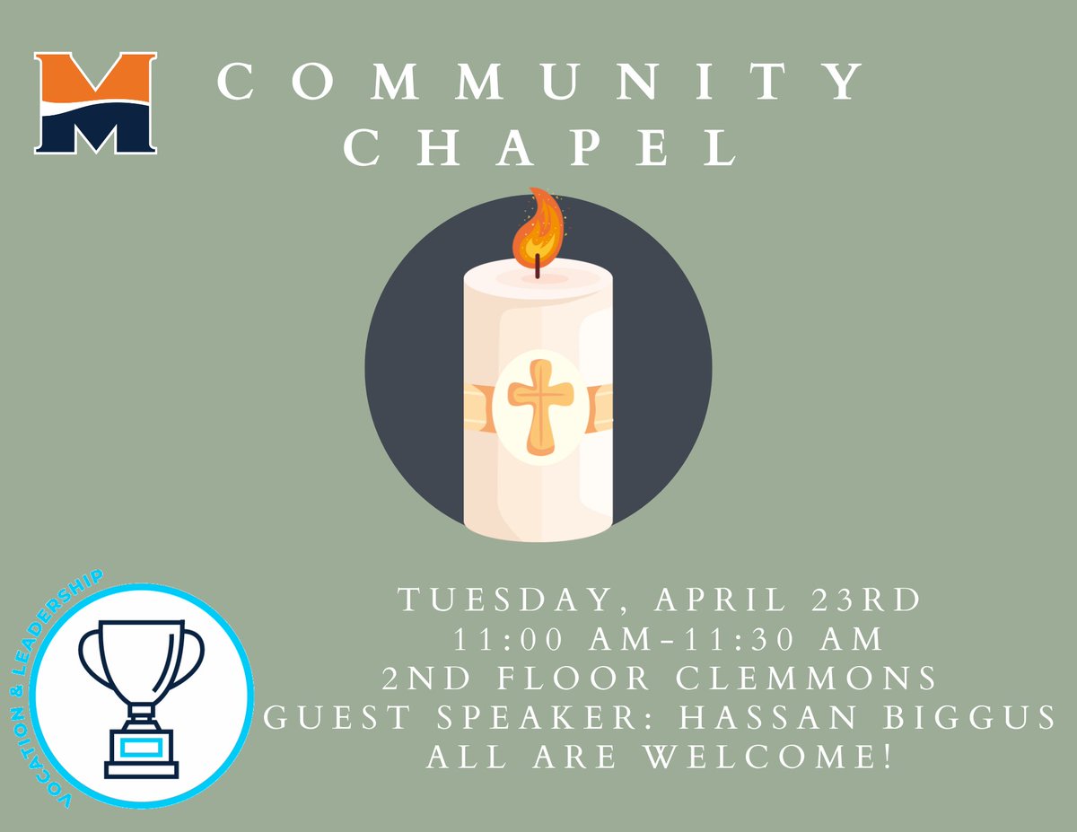 “What are you doing next in life?” Raise your hand if someone’s asked you that lately. 👋🏿👋🏽👋🏻All are welcome at Community Chapel, where we’ll reflect on vocation &amp; God’s call. Join presenter Hassan Biggus &amp;  musician Jon Moxness on 4/23 in Clemmons from 11-11:30am. <a href="/MidlandU/">Midland University</a>