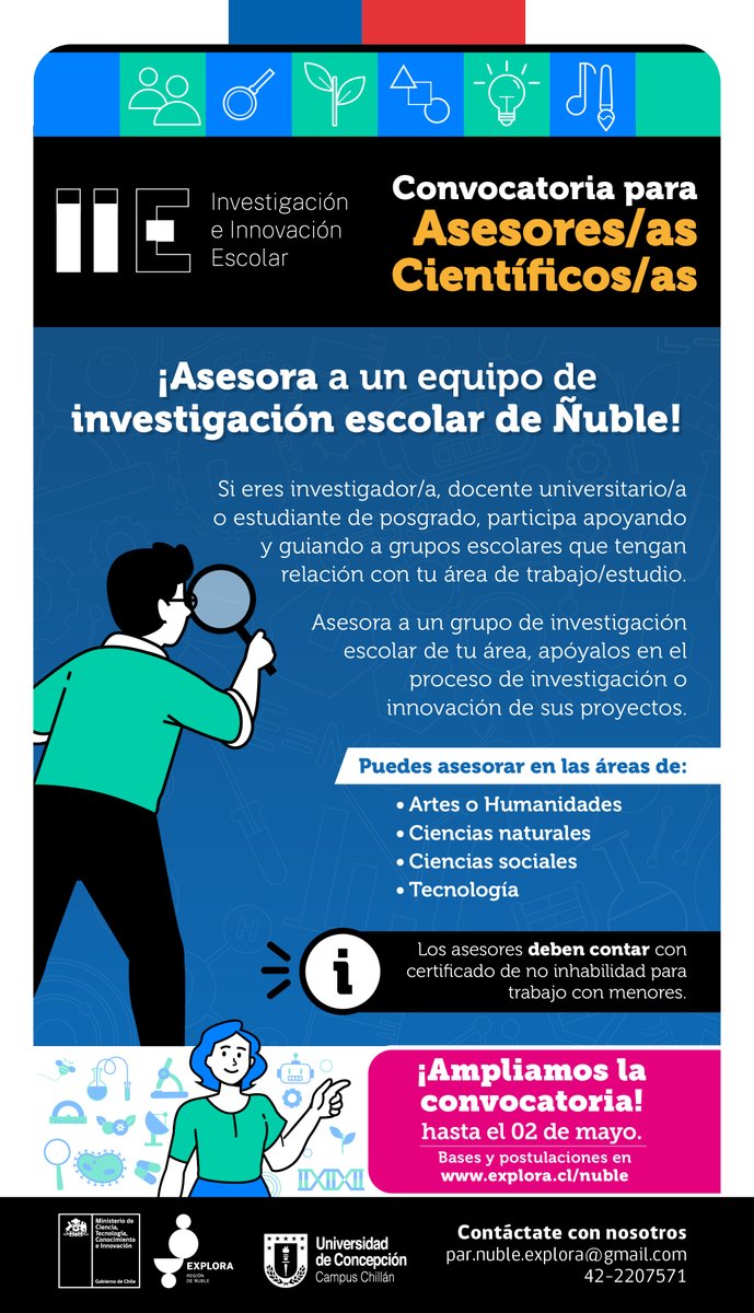 Extendimos la convocatoria para Asesores/as Científicos en Ñuble, hasta el 02 de mayo. 

Inscríbete en explora.cl/nuble/convocat…
#ñuble #iie #explora #ciencias