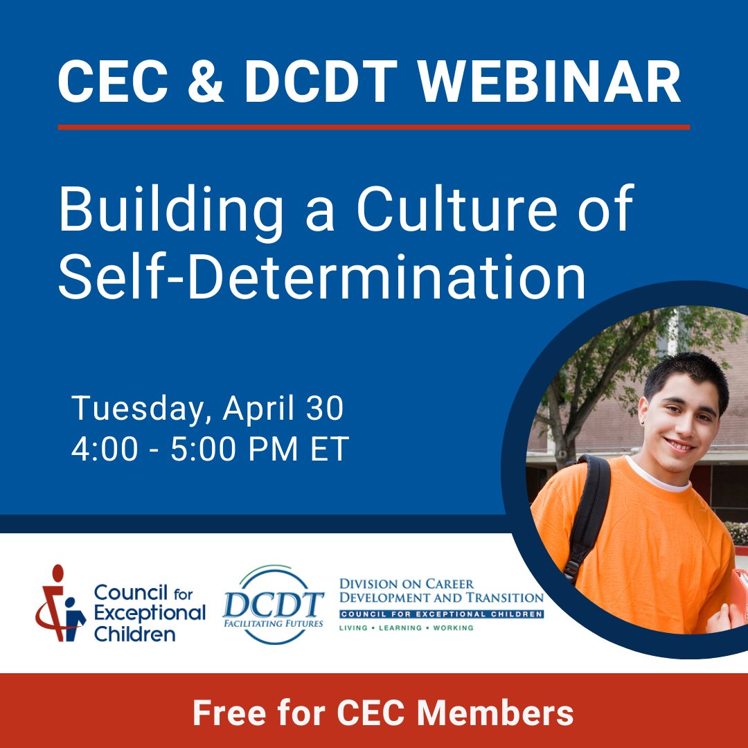Join CEC and DCDT on April 30 to learn about how divisions are building a culture of self-determination into their existing frameworks and will discuss the importance of this practice. Register today: exceptionalchildren.org/events/cec-dcd…