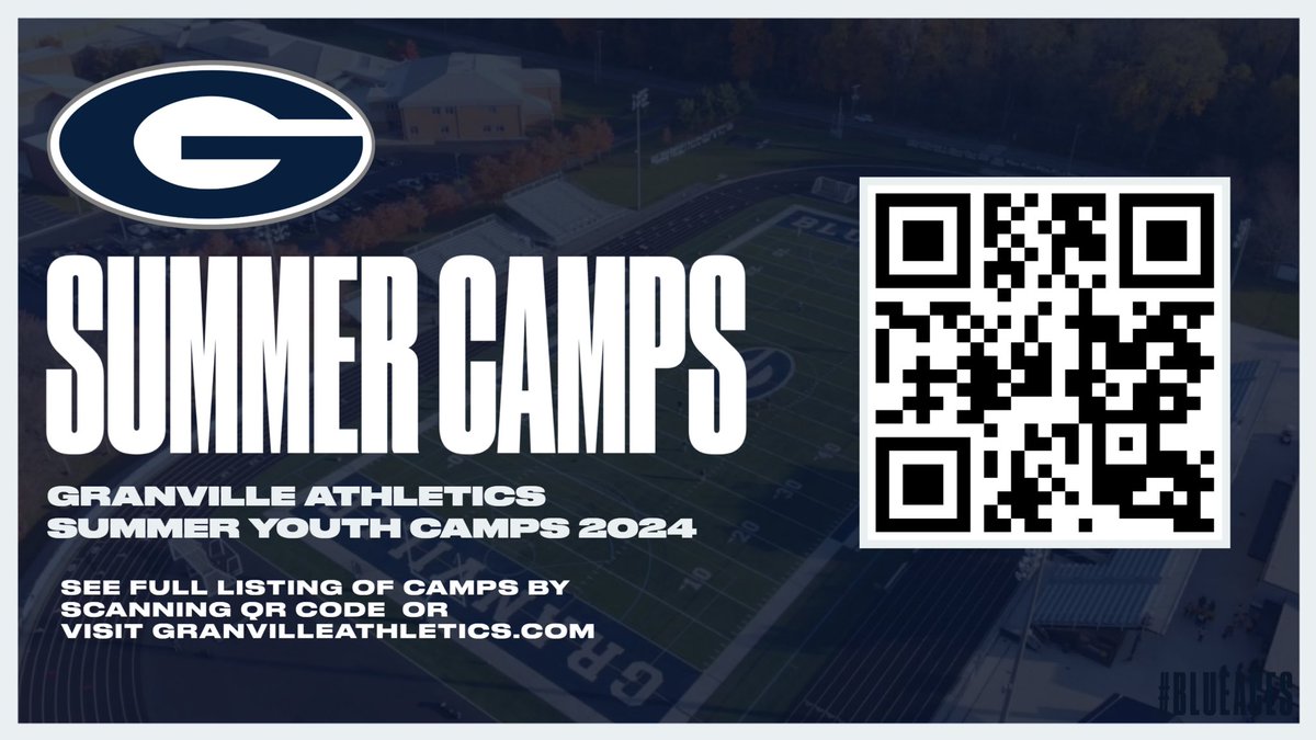 Summer Youth Camps 2024 | ♠️

To view full listing of all summer Youth Camps Scan the QR code below or visit granvilleathletics.com

Please contact the program’s head coach if you have a question about a specific camp.

#BlueAces♠️