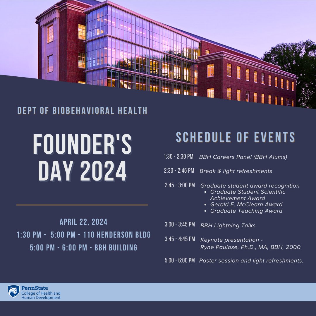 Join <a href="/Penn_State/">Penn State</a>'s Department of Biobehavioral Health for #PSUBBH's Founder's Day 2024! April 22nd, 1:30pm-6pm, 110 Henderson Bldg. Join us as we reflect on a legacy of innovation while celebrating the future of the department. #PastAchievements #FutureProspects