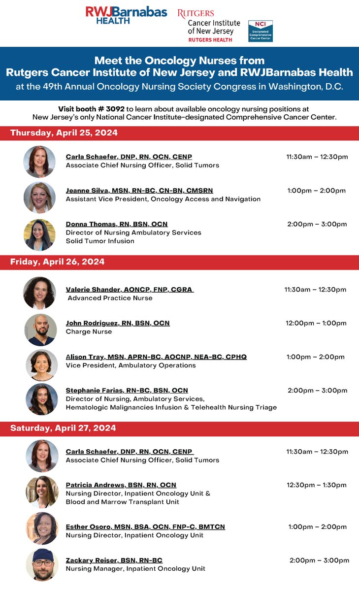 Meet the Oncology Nurses from @RutgersCancer @RWJBarnabas at the Annual #ONSCongress in Washington, D.C.!

Visit booth # 3092 Apr 25-27th to learn about #oncologynursing positions at New Jersey’s only NCI-designated Comprehensive Cancer Center.

@RWJUH @oncologynursing #ONS