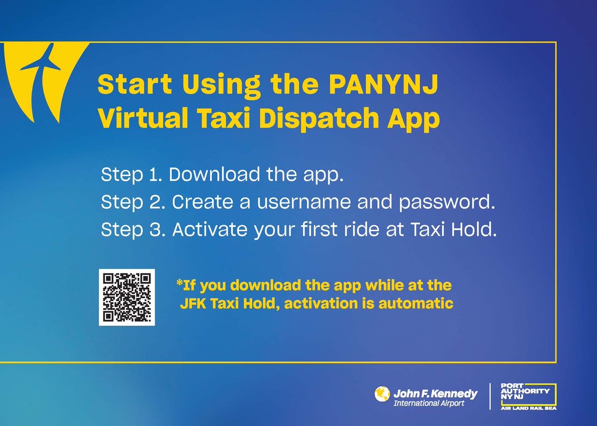 Licensees: This week @PANYNJ launched the Virtual Taxi Dispatch program at @JFKairport with an app available for download. On-site tech support is available in the hold lot daily over the next week (4/18 - 4/24) from 9 a.m. - 5 p.m. For more info, visit: jfkairport.com/announcements/…