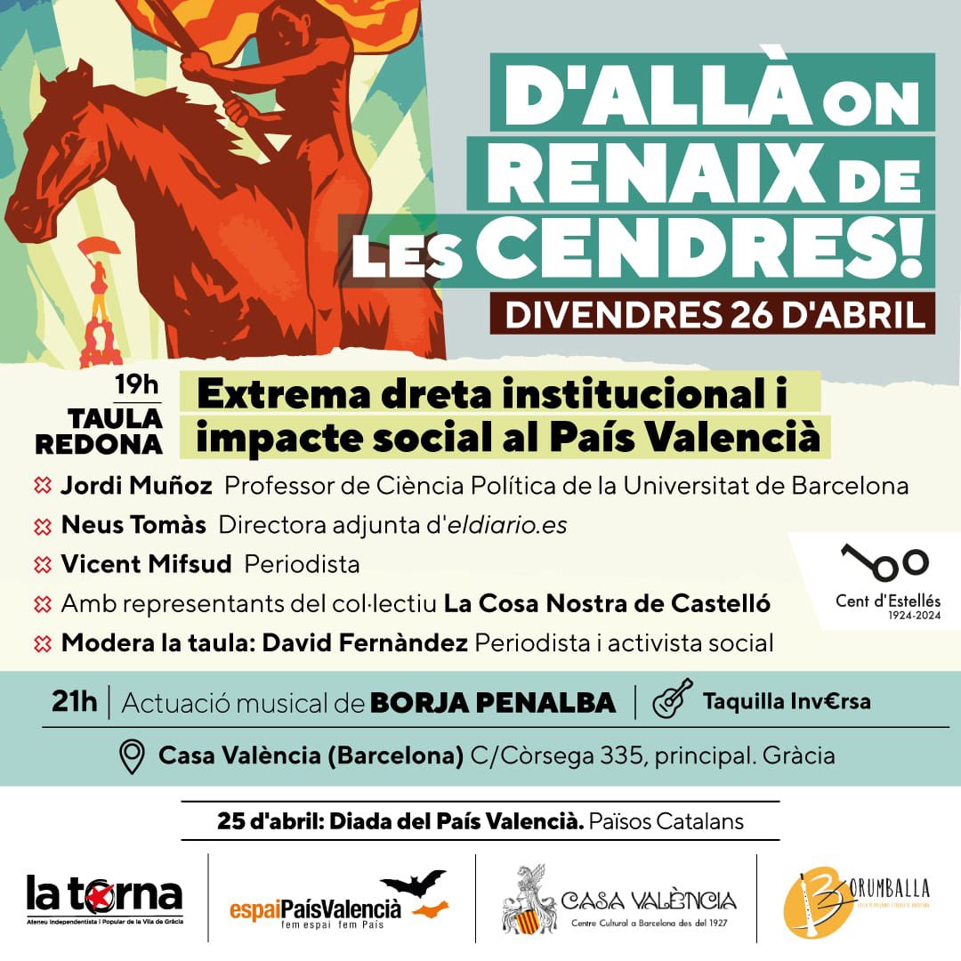 El proper 25 d’abril es commemora la diada del País Valencià i us convidem a celebrar-ho amb nosaltres. 
🗓️ Divendres 26 d’abril a <a href="/casavalenciabcn/">Casa València BCN</a> 

I és que per molt que ens vulguen eliminar el poble i la identitat, tornarem a renàixer de les cendres! 
🔥🔥🔥