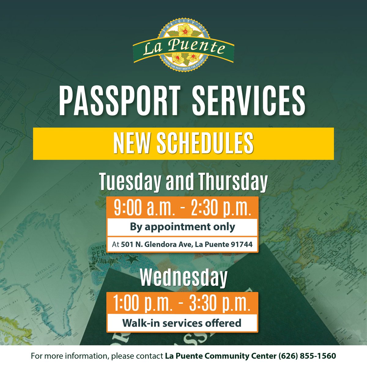 If you need assistance obtaining your passport or have questions about the process, our team can help you.
We are located at 501 N. Glendora Ave., La Puente 91744.

For more information, contact La Puente Community Center at (626) 855-1560
#LaPuente #Passportservices #appointment