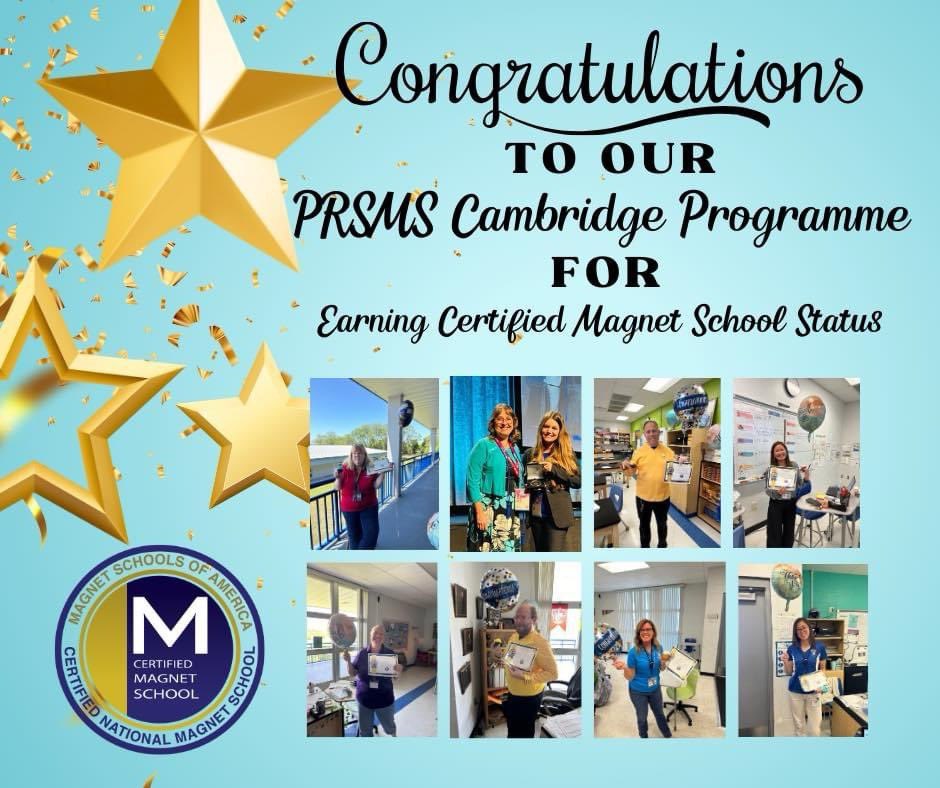 We are a Certified Cambridge Magnet school! Thank you to all of our Cambridge teachers and staff for their hard work to make this happen. Dr. Usry and Mrs. Chasney accepted our award in Nee York City and the teachers were surprised with some treats today. You are amazing! #soar