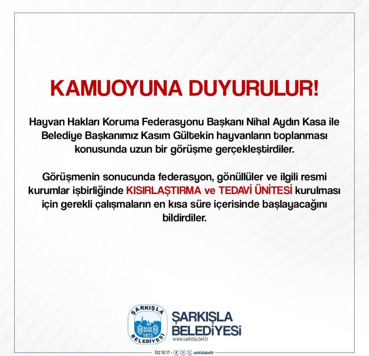 Başkanımız @Nihal_K34 ile @sarkislabeltr başkanı görüştüler.. Şarkışla'da ''kısırlaştırma ve tedavi ünitesi'' kurulacak..Tüm bu çalışmalar belediye, resmi kurumlar, STK ve gönüllüler işbirliğinde insani, vicdani ve yasaya uygun yapılacak.. Birlikte başaracağız.. @Kasim_Gultekin