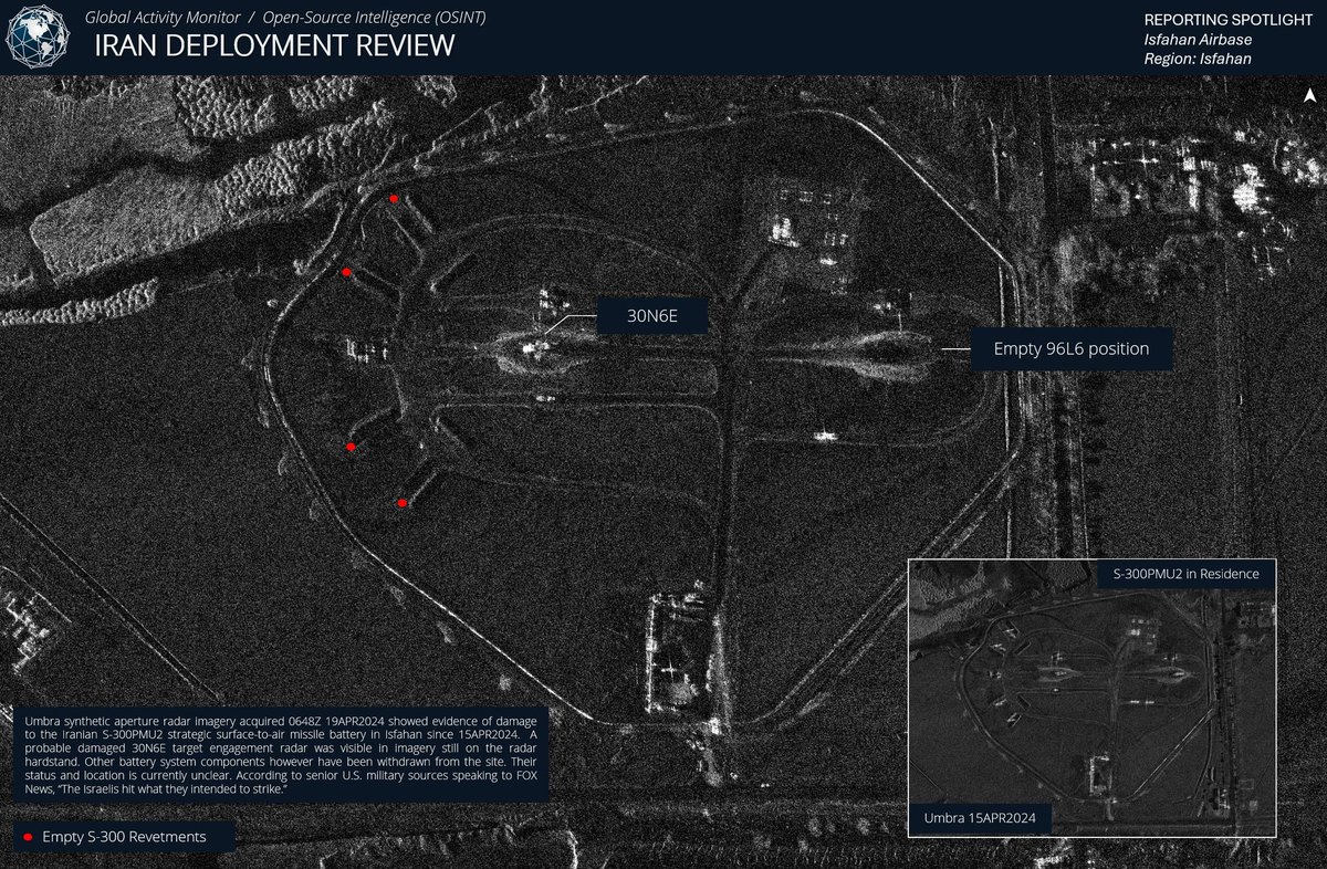 Umbra synthetic aperture radar imagery acquired 0648Z 19APR2024 showed evidence of damage to the Iranian S-300PMU2 strategic surface-to-air missile battery in Isfahan since 15APR2024. A