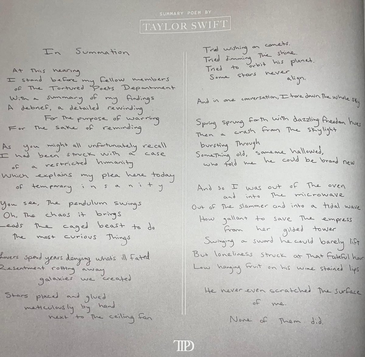 TSwiftNZ's tweet photo. ✍️ | Taylor’s summation poem for #TSTTPD  

“A smirk creeps onto this poet’s face because it’s the worst men that I write best.” https://t.co/JLj5X0cTLw