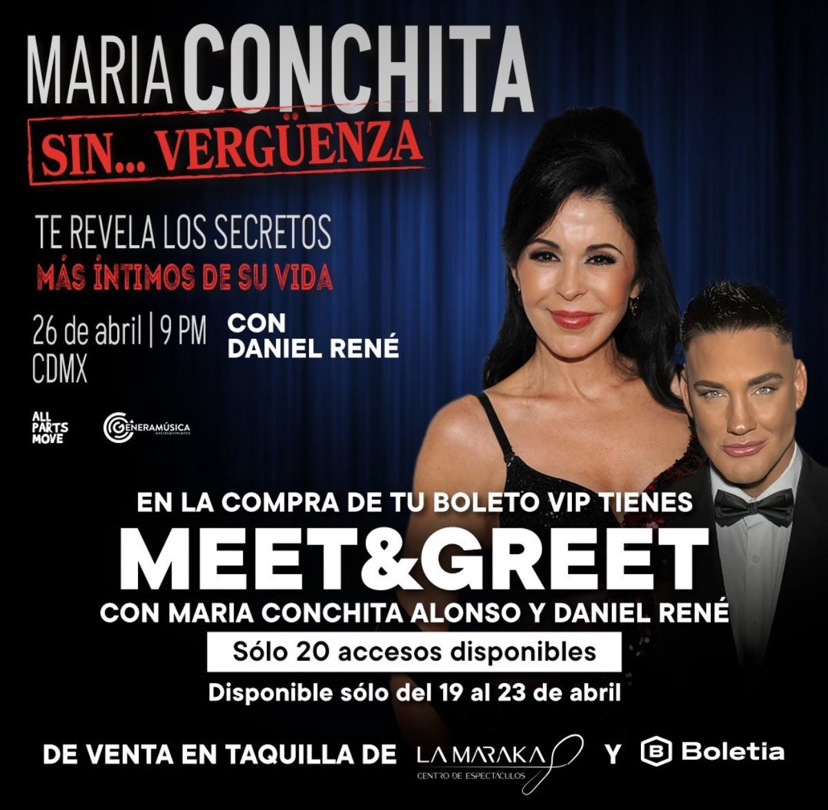 Imperdible el Meet & Greet con @MariaConchita_A en el Salón La Maraka! @Allpartsmove @GeneraMusica