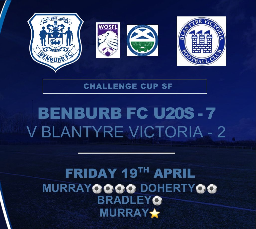BenburbU20s's tweet photo. THE CHOOKIES ARE IN THE CHALLENGE CUP FINAL!💪🏻

What a performance tonight as we booked our spot in the final of the big one with some style. 

Running out of things to say about these players as they just keep producing the goods. 👏🏻👏🏻👏🏻

Thanks to Blantyre Vic’s for the game💙 https://t.co/PqyWJgpfdZ