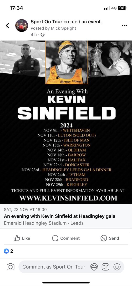 Over 2000 tickets sold already to see Kevin this Nov. Hosted by our old friends @emmo99 and @RLBarrieMc10 See what we have planned by clicking here kevinsinfield.com #insiration #motivation #leader