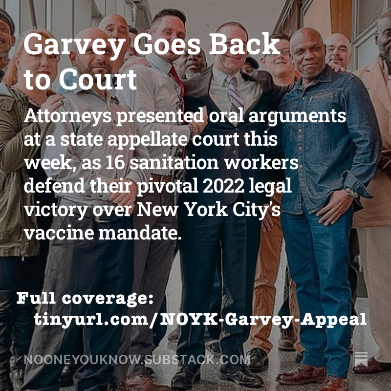 NOYKreport's tweet photo. The pivotal Garvey v. NYC lawsuit against New York City's vaccine mandate was back in court for oral arguments before a panel of four appellate justices this week.

Full coverage at https://t.co/0f1JYucy0Z, including interviews after the hearing with attorney @sujatagibson and lead petitioner-respondent @GeorgeGarvey37, as well as previously unpublished in-depth video interviews with two of the #DSNY16.