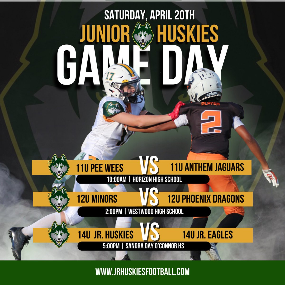 Saturday 4/20 Jr. Huskies Game Schedule. Let’s go HUSKIES!!!