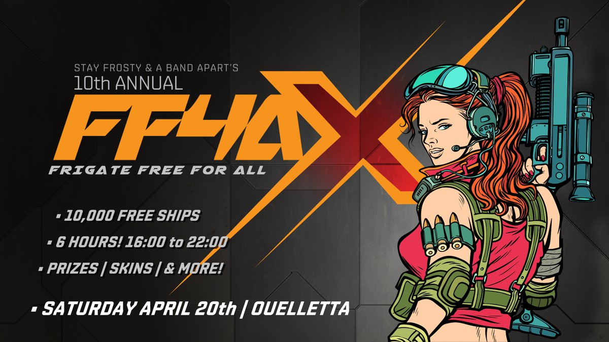 EveOnline's tweet photo. Tomorrow it's time to light up the system of Oulletta for the 10th anniversary of the Stay Frost Frigate Free 4 All!

Free ships, prizes, organized pvp - you name it! The fun runs from 16:00 to 22:00, and if it's anything like previous years it'll be a record-setting good time! https://t.co/gtbVGvwPxF