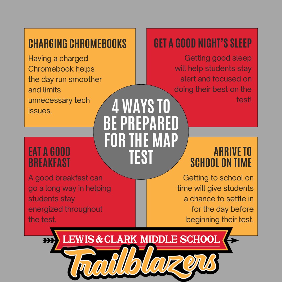 LCtrailblazers's tweet photo. MAP Testing begins on Monday, April 22nd for Lewis &amp; Clark! Here are some ways to help students be prepared! ✨ https://t.co/lUmcTPRhK7