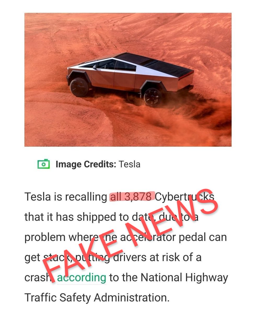 Fact check: THREE PINOCCHIOS Tesla has NOT recalled 'every Cybertruck that has been delivered' Most of the Cybertrucks that have been delivered have already been totaled and are not subject to this recall More fake news from the Lamestream Media